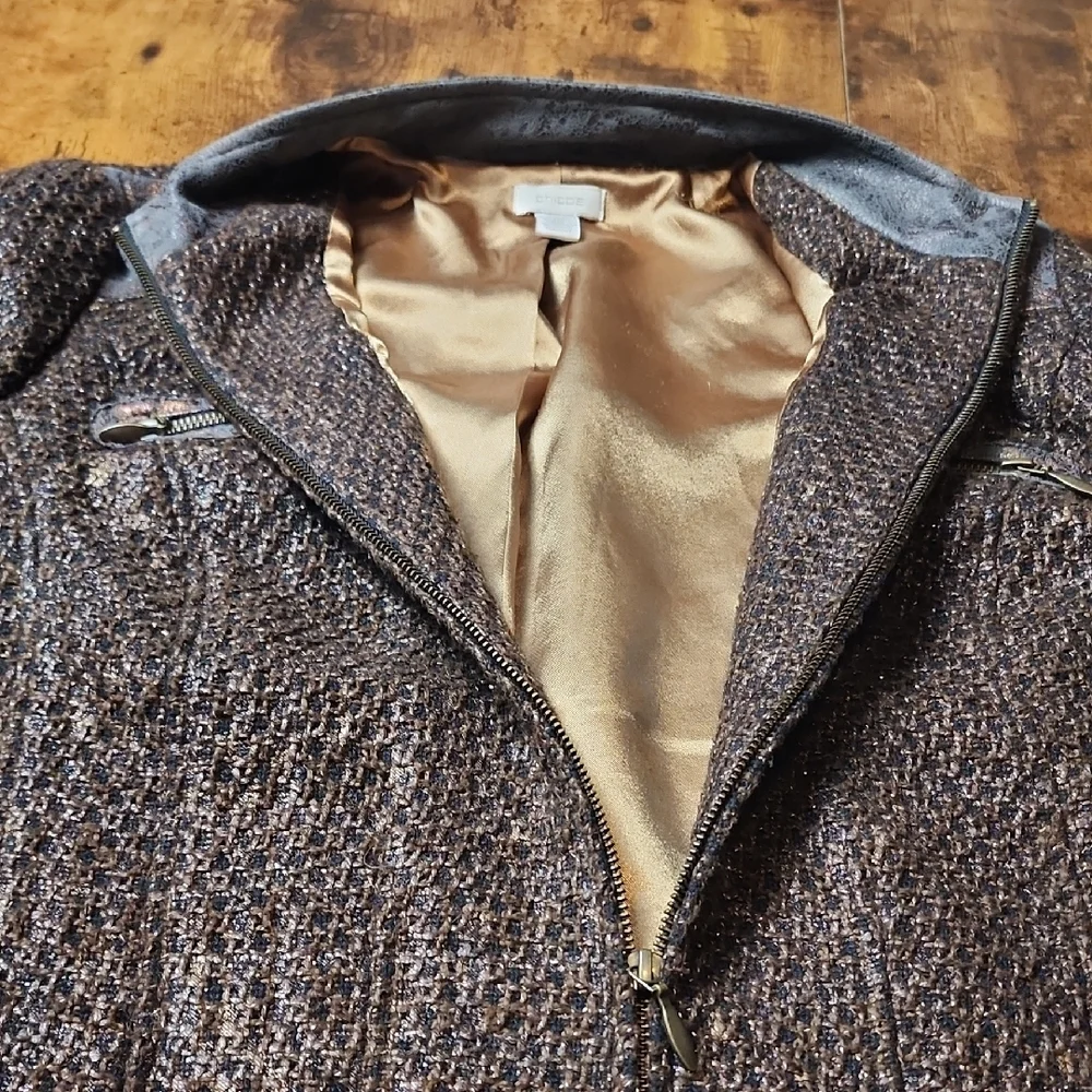 CHICO'S| Brown Bronze Copper Tweed Metallic‎ Full Zip Gold Lined Jacket | XL 16